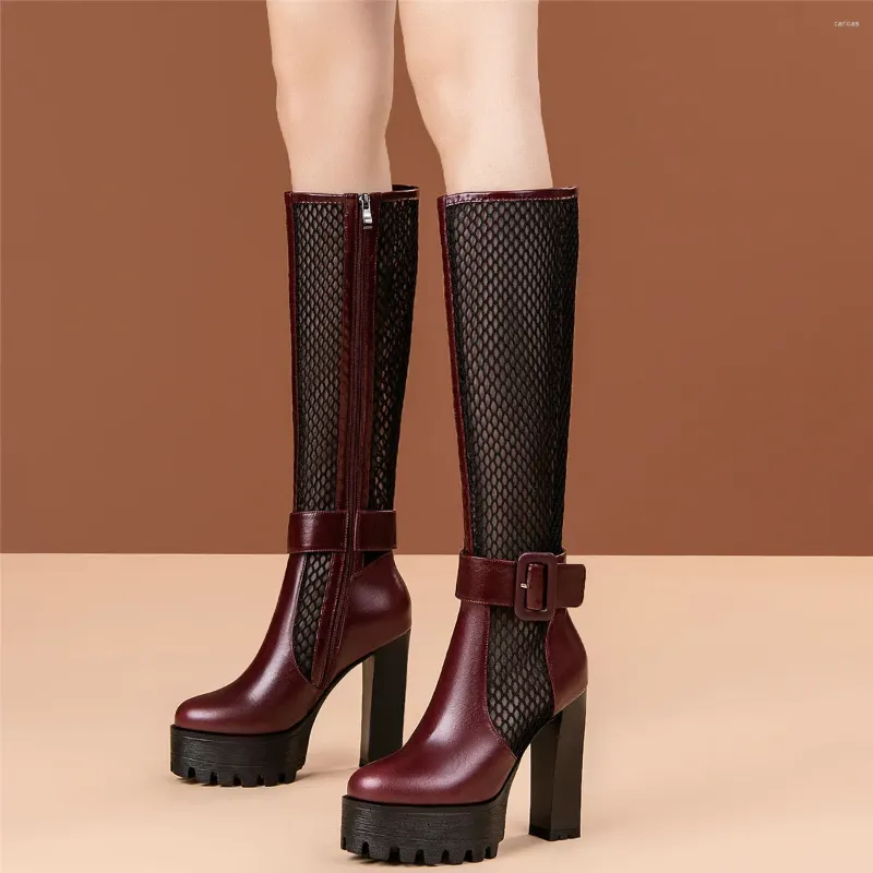 Boots Thigh High Platform Pumps Shoes Women Genuine Leather Heel Knee Female Round Toe Gladiator Sandals Casual