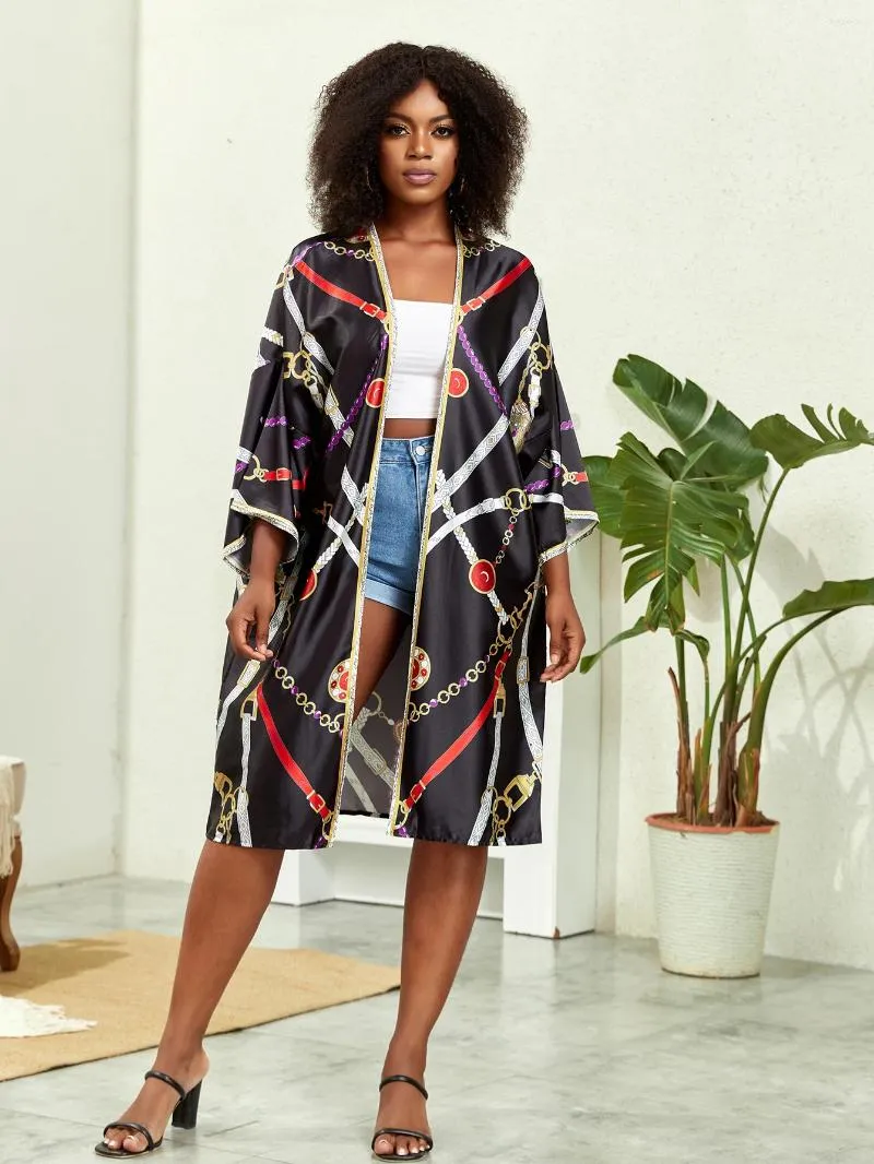 Taglie forti taglie boho kimono femminile stampato di loto contrasto a contrasto a manica lunga coperta anteriore aperta