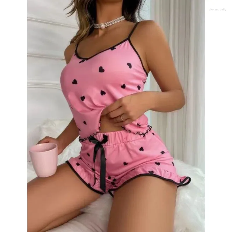 Ropa de dormir para mujeres Pajama de estampado rosa set profundo v cuello shorts sexy de algodón