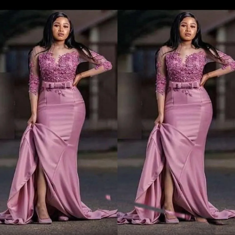 Dusty Rose Saudi Arabic Mermaid Evening Dresses Jewel Neck 3 4 Long Sleeves Mother of the bride Dress Party Prom Wear Plus Size 252z