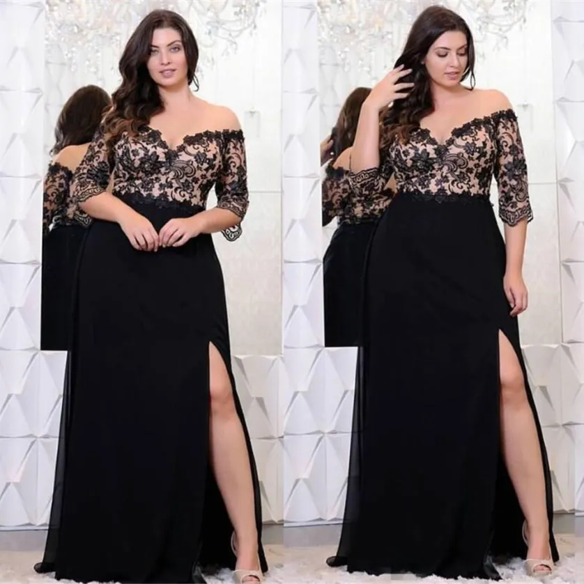 Zwart kanten plus size avondjurken met halve mouwen van de schouder Split Side Avond Jurken A-Line Chiffon Formal Prom Dress SD335 251Q