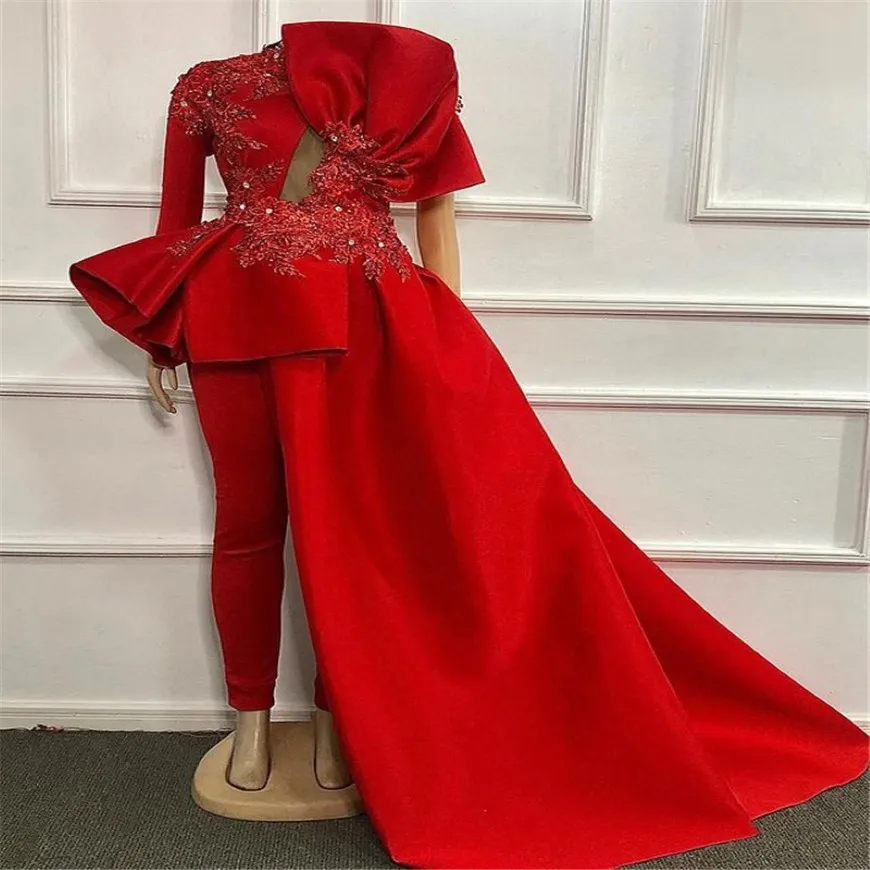 Rood plus size avond jumpsuit met trein kanten vlakket fluweel fluweel ruches peplum arabische prom -jurk met pant pak 277U
