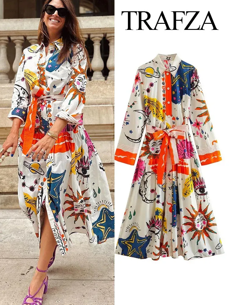 Trafza Women Summer Bohemian Dresses Printed Laceup Långärmning Single Breasted Female Loose Dress for Beach Party 240514