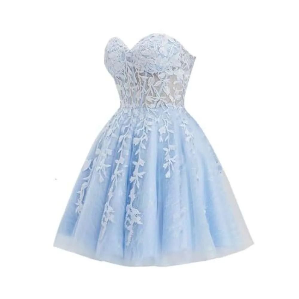 Strapless Sweetheart Short Prom Dresses Sparkly Tulle Homecoming Dresses for Teens Corset Lace Qu...