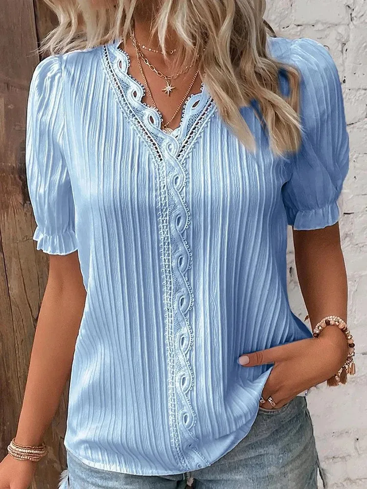 Womens Summer Top 2024 Solid Sexy VNeck Hollow Short Sleeve Shirt Fashion Splice Plus Size Blouse Loose Street Apparel 240506