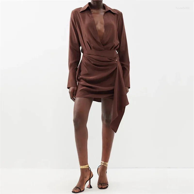 Casual Dresses Elegant And Pretty Women's 2024 Spring Asymmetric Slim Long Skirt V-neck Pleated Shirt Dress Satin Sleeved Top