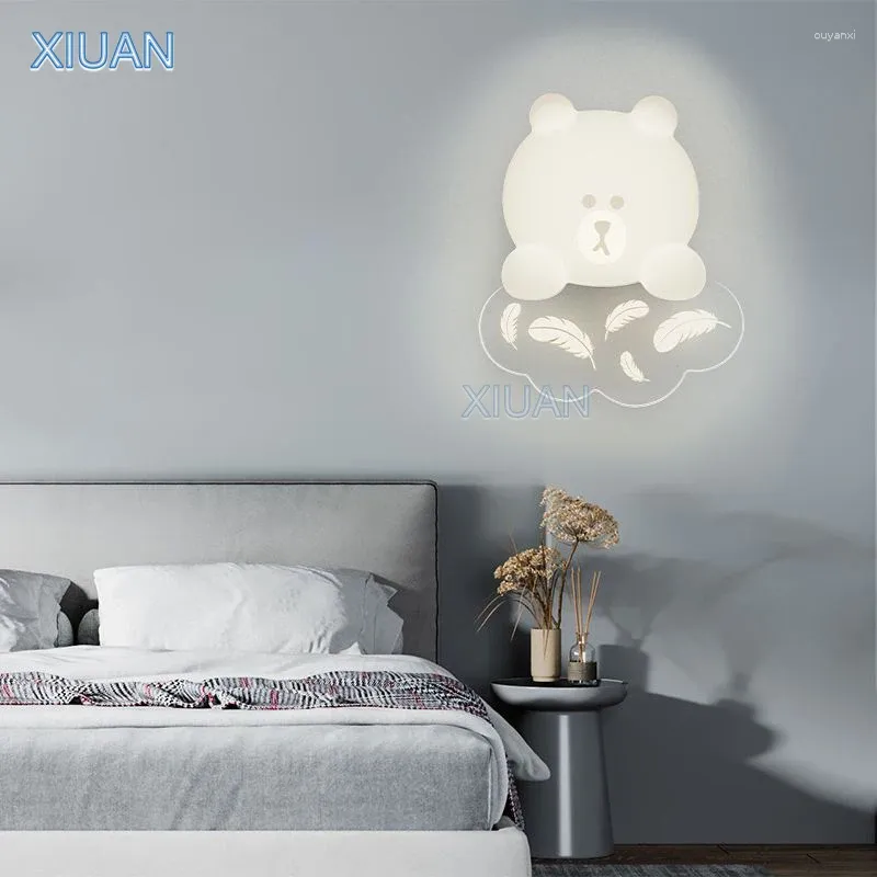 Lampes murales ours blanc léger créatif pour enfants pour enfants en acrylique appliques plume étoile lune enfants chambre à coucher lampe de chevet école maternelle