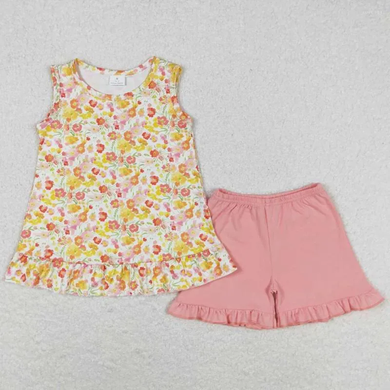 Наборы одежды Оптовые девочки для девочек Оранжевая цветы рукавочные шорты из рукавов бутик -малыш