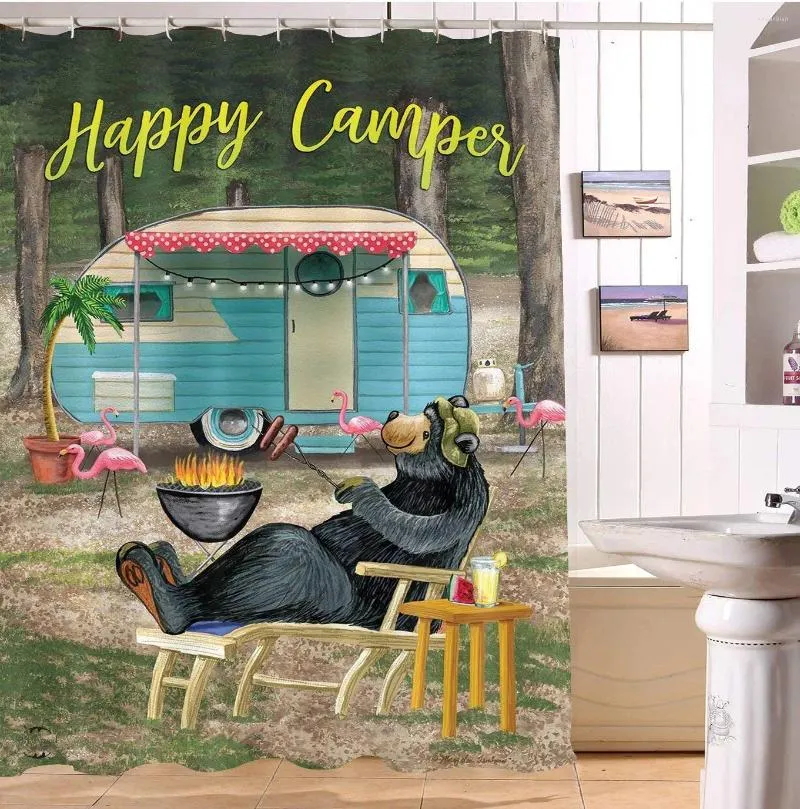 シャワーカーテン3Dプリンティングハッピーキャンプテーマ漫画カーテンバスルームの装飾