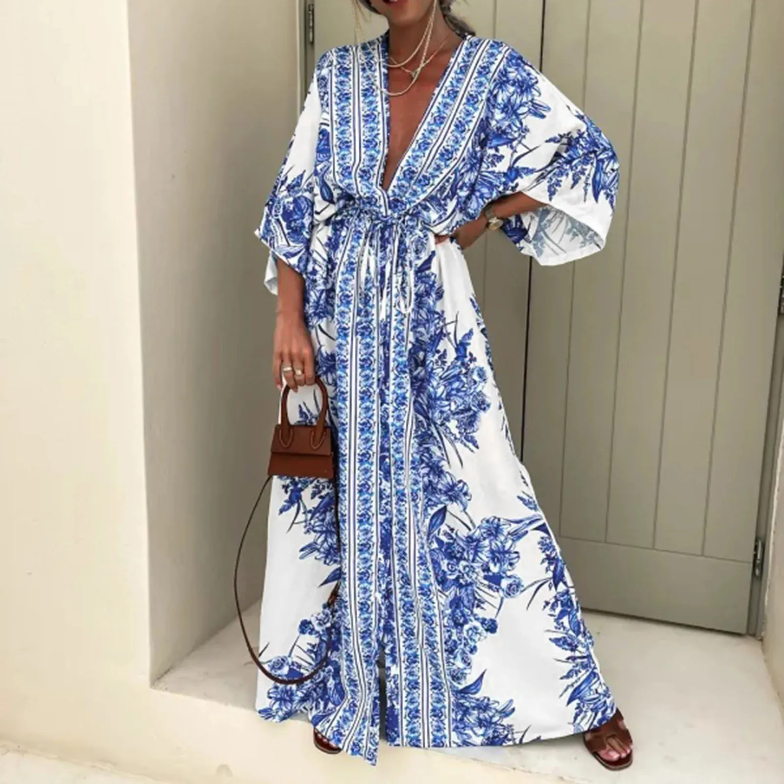 Vrouwen Summer Spring Long Maxi Loose Dress Floral Print Plunge Flare Sleeve Enkle Lengte Hoge taille Deep V Neck Jurken 240514