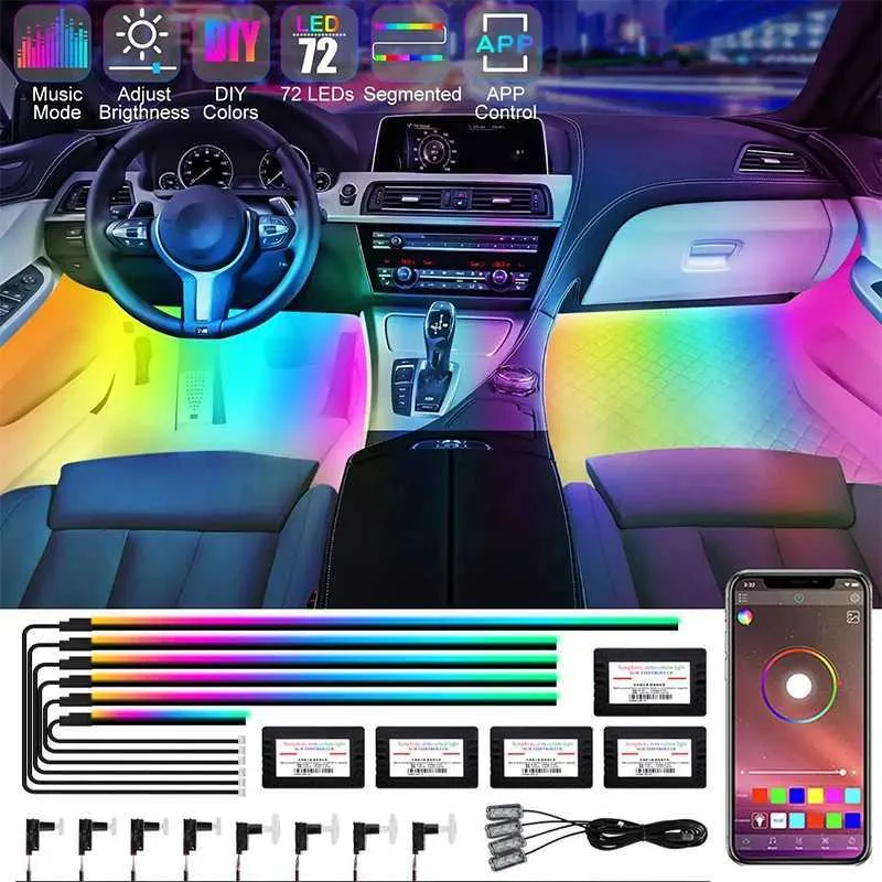 Decorative Lights Car Acrylic Ambient Lights APP Control LED Strip Light Auto Interior Neon 64 RGB Lamps Strip Universal Accessories 18 in 1 T240509