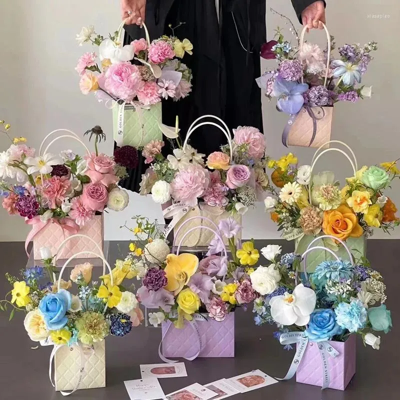Gift Wrap Flower Box Kraft Paper Handy Bag With Handle Rose Packaging Handbag Cardboard For Wedding Birthday Party Decor