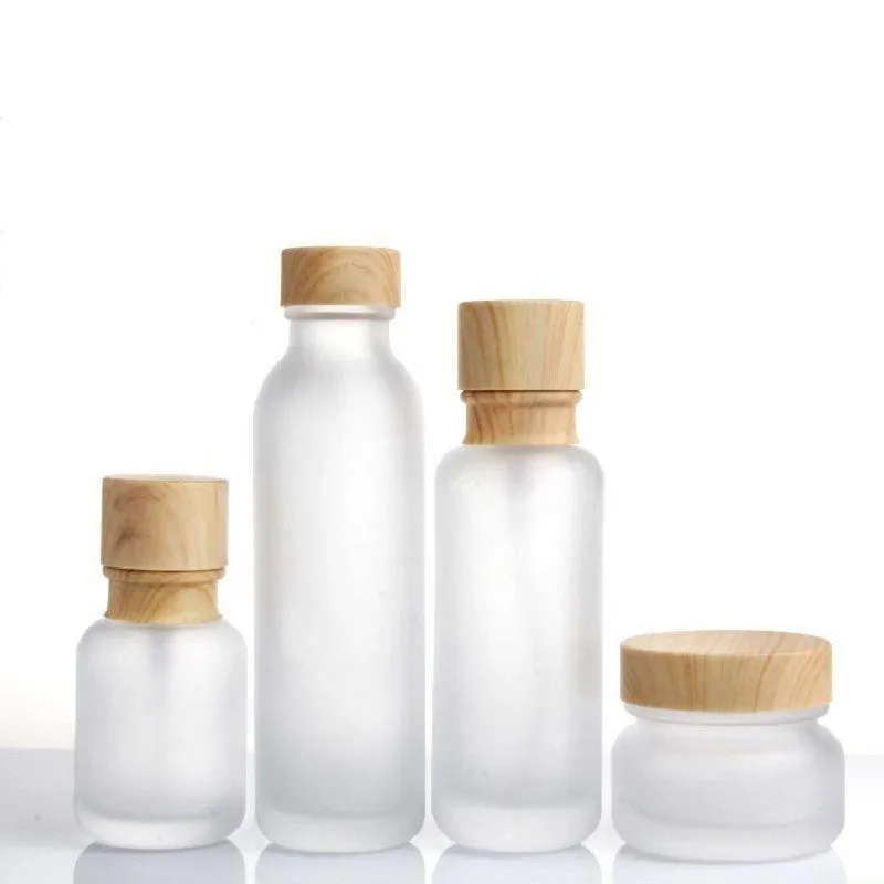 Frosted Glass Jar Cream Bottles Round Cosmetic Jars Hand Face Lotion Pump Bottle With Wood Cap VBQDX KBRDD