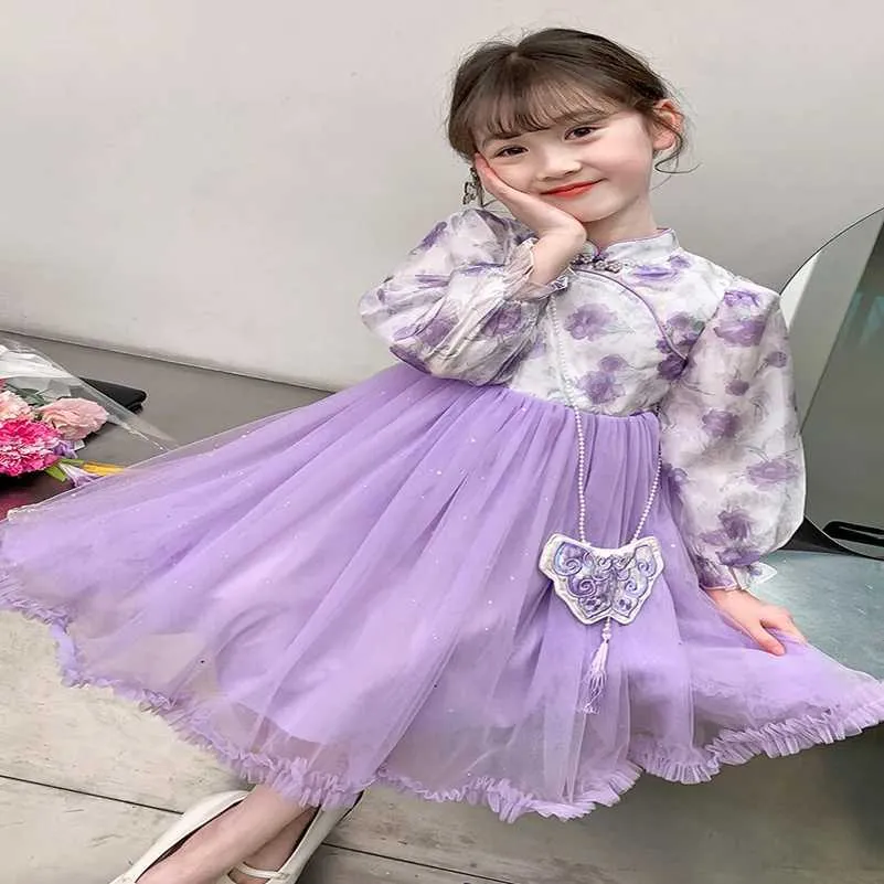 Abiti per ragazze 2024 Primavera e autunno Girls/Childrens Fashion and Leisure Chinese Flower Flower Flower Abito a maniche lunghe 4-10 anni Y240514