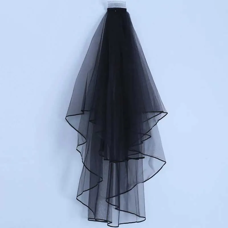 Gioielli Halloween pizzo da sposa nero con pettine corto due strati eleganti veli da sposa da donna accessori per capelli cosplay sposa_voghion.com