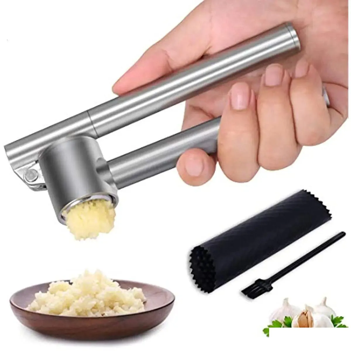 Fruit Vegetable Tools 304 Stainless Steel Garlic Press Detachable Peeling Grinding Slicer Chopper Set Cooking Gadgets Kitchen Acce Dh8Zd