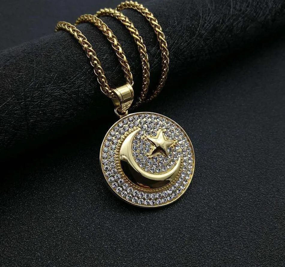 Hip Hop HipHop Schmuck Titanium Stahl Gold plattiert muslimische Sternmondkriegsflagge Anhänger Halskette5244534