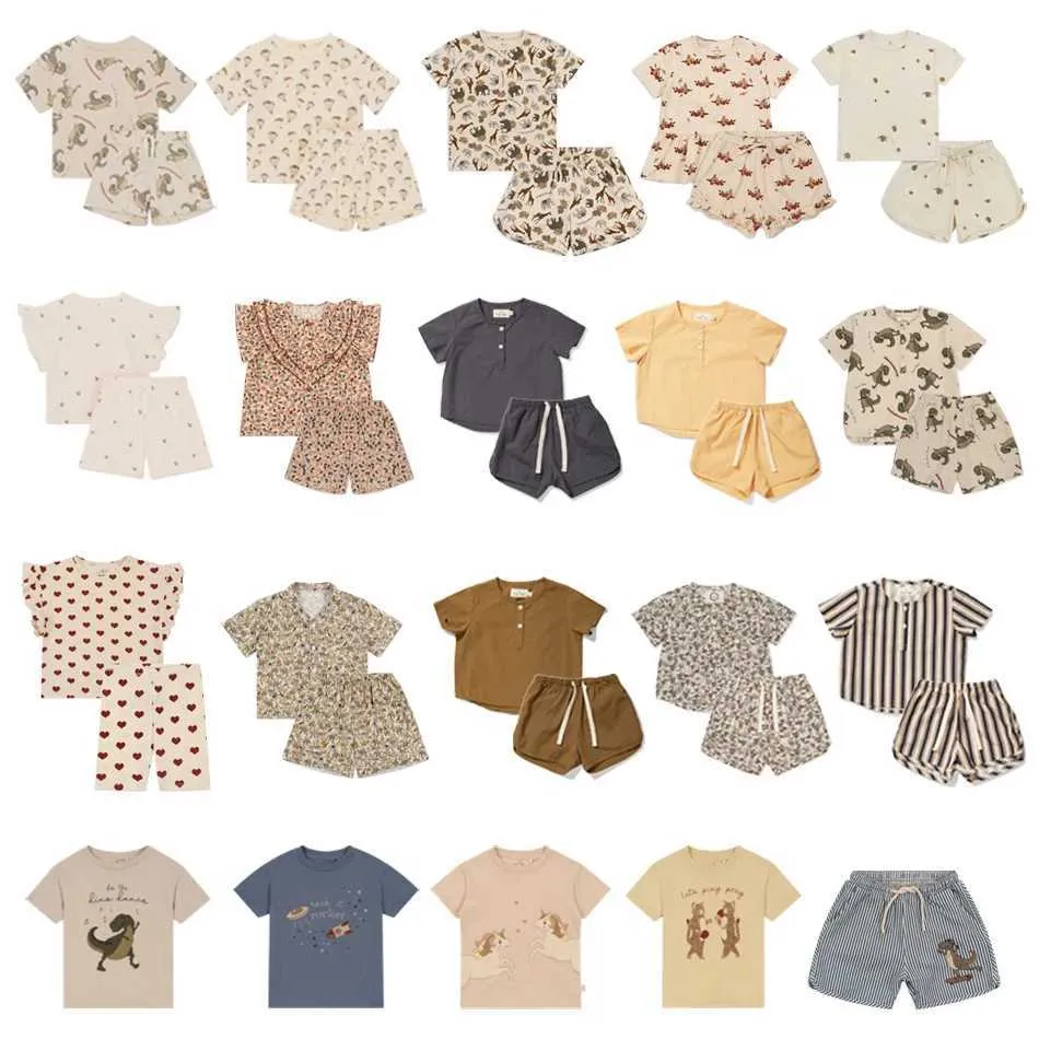 Kledingsets 23 Zomer KS Baby Clothing Set voor meisjes en jongens T-shirt met kersendieren Cartoon Print korte mouwen Top voor kinderen Casual kledingset D240514