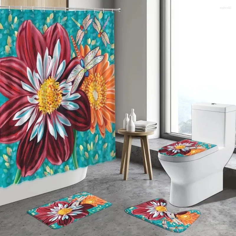 Shower Curtains Color Flower Curtain Spring Floral Watercolor Dandelion Bathroom Furniture Sets Non-slip Carpet Toilet Lid Bath Mats Rugs