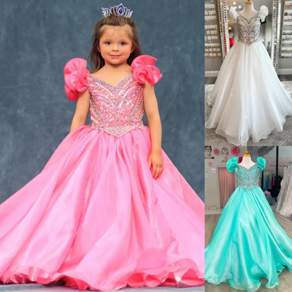 Hot Pink Girl Pageant Dress Teens Metallic Organza Little Kid Princess Birthday Formal Party Gown Toddler Preteens Tiny Young Junior Miss Flower Mint Ruffle Sleeves