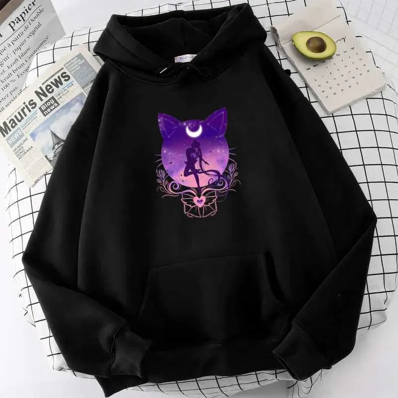 Felpe con cappucci da uomo felpe anime anime vintage plus size con cappuccio da cappuccio di felpe da cappuccio stampato di gatto luna lunghe slve slve con cappuccio kawaii fumetto femminile a strisce tops t240510