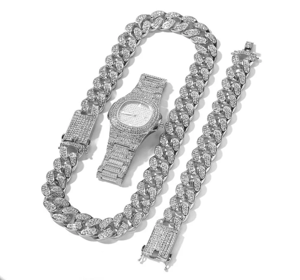 Collier de chaîne de montre 20 mm et cubain bijoux large rose 3pcs Hip Hop Big Gold Set Silver Bracelet NSTAJ9033457