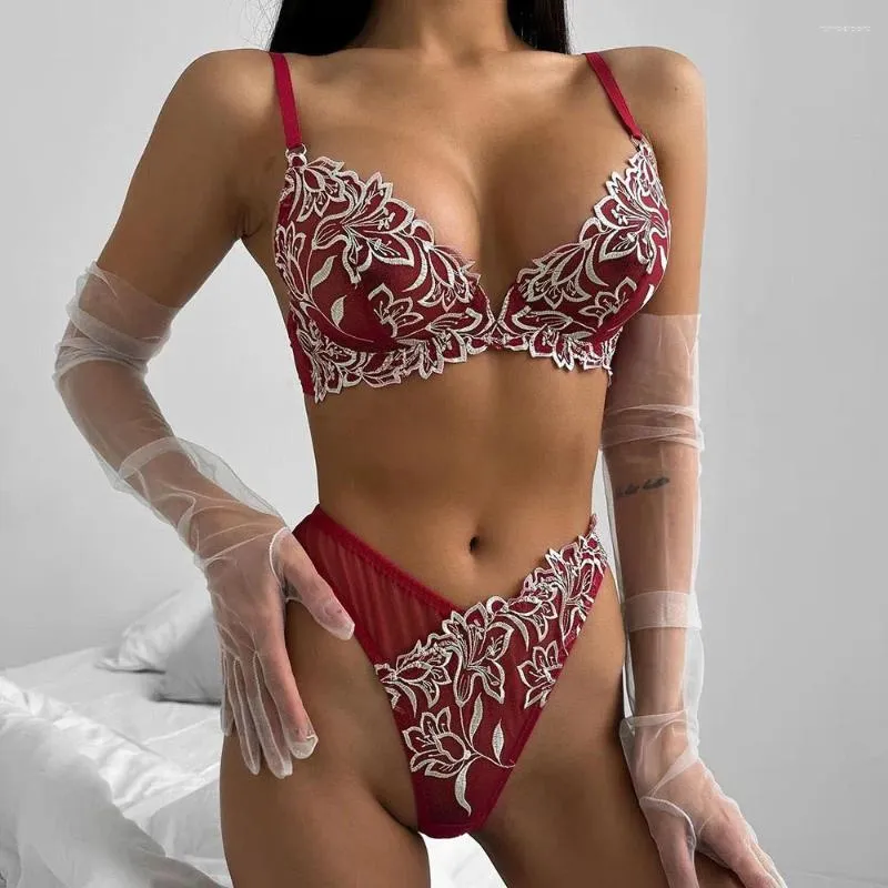 Bras Sets Wine Red Lingerie Ensemble sexy à la broderie transparente Femmes Transparent Panty 2 Pieces Mesh Tenue érotique