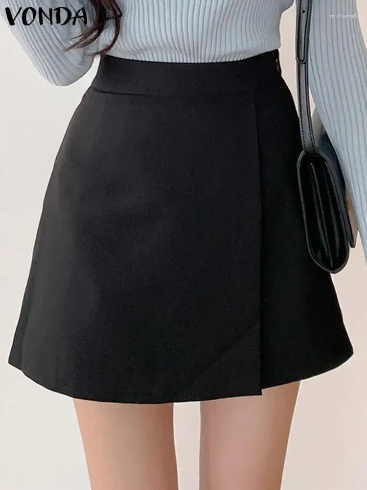 Jupes Vonda 2024 Été élégant bureau Fashion Fashion Femmes hautes hautes Mini Vestidos de couleur solide décontractée plissée décontractée