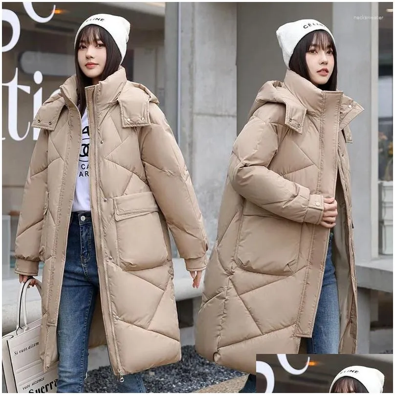 Kvinnors dike rockar Kvinnor Solid Color Big Pocket Hooded Jackets Casual Medium Long Parka Autumn Winter Rhombic Gitter Loose Coat DHPGC