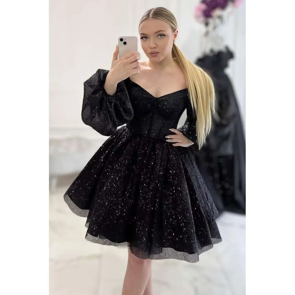 Black puffy dress short hot sale