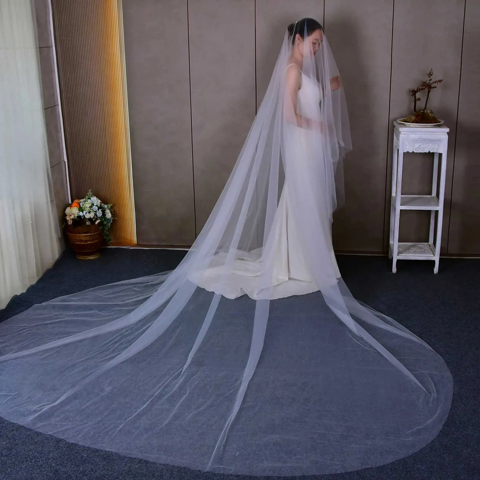 Bridal Veil 2 Tier Cathedral Wedding Veil With Blusher Face Drop_voghion.com