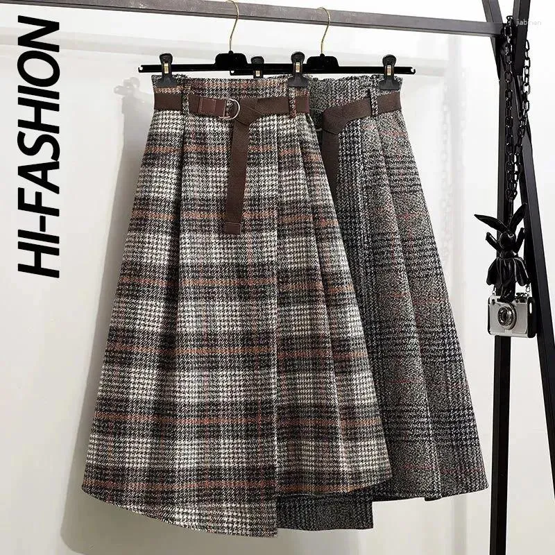 Saias Hi-Fashion Autumn Mulheres xadrez de lã irregular de lã midi plissas de faixas inglera