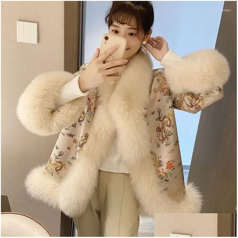 Ethnic Clothing Female Coat Winter Faux Fur Chinese Style Harajuku Mid-Length Tang Suit Cloak Women Jacket Warm Elegant Vintage 2023 Dhvus