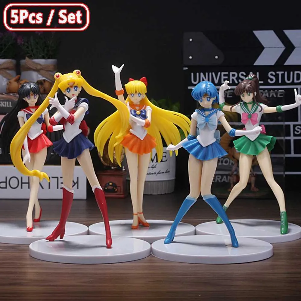 Action Toy Figures 5PCS-Set Sailor Moon Anime Figure Mizuno Ami Tsukino Usagi Hino Rei Aino Minako Action Figure Modèle Kawaii Doll Toys Gift Y240514