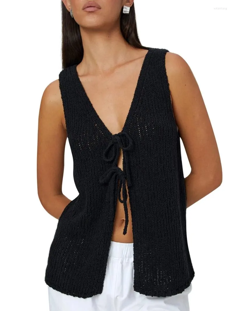 Women's Tanks Women Y2k Crochet Vest Tops Sleeveless V Neck Cross Tie-up Front Knit Tank Vintage Hollow Out Sweater