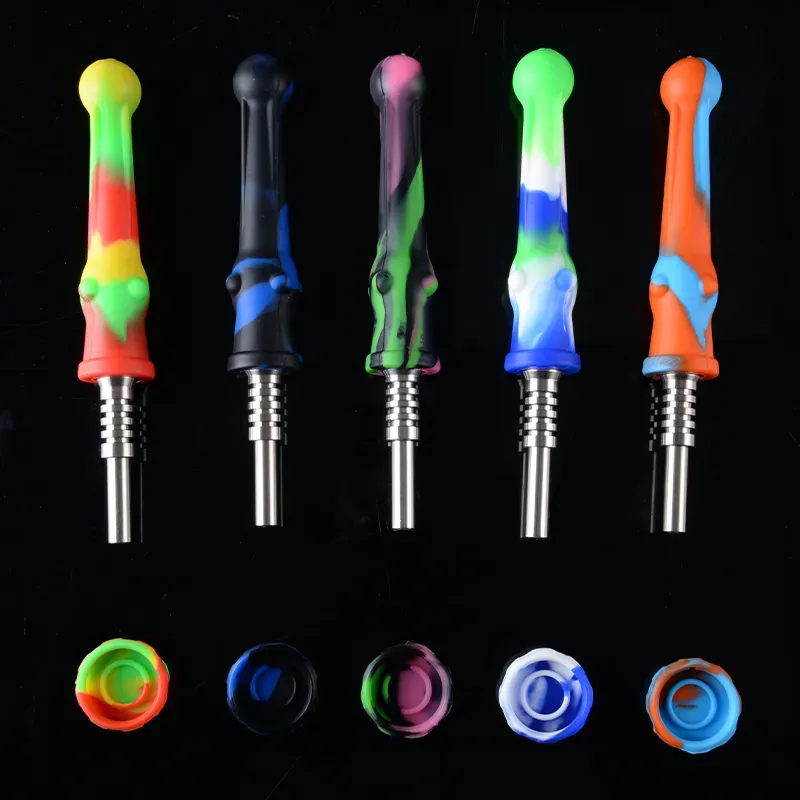 Silicone Mini Smoking Hand Pipes With Titanium Quartz Ceramic Nail and Cigarette Oil Box Oil Burner Dab Rigs Nector Collector Small Glass Bong NC Kits