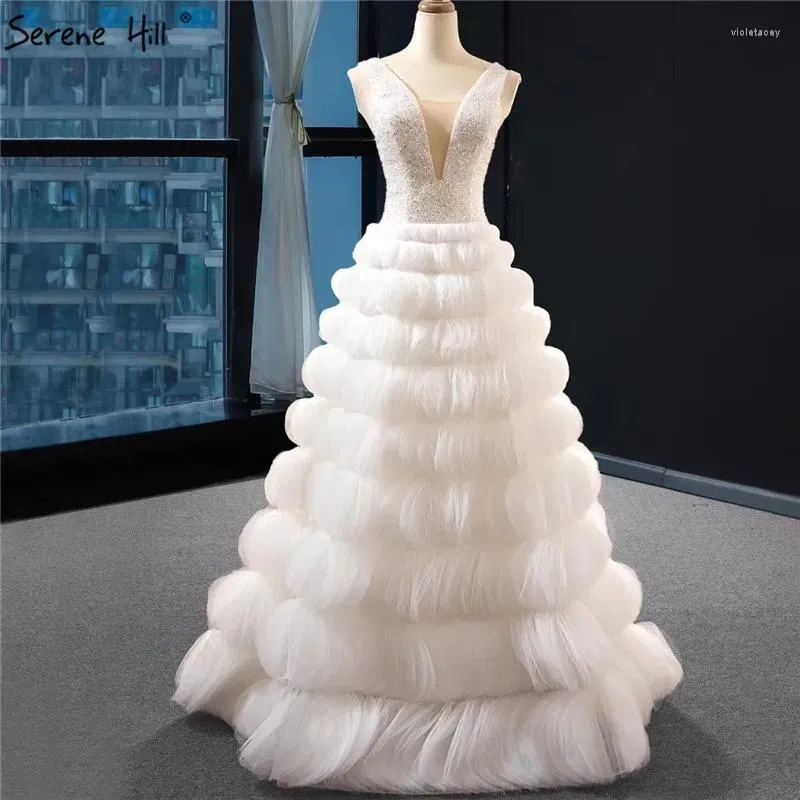 Robes de fête Serene Hill White Deep-V sexy robe de soirée faite à la main 2024 Sans manches A-line