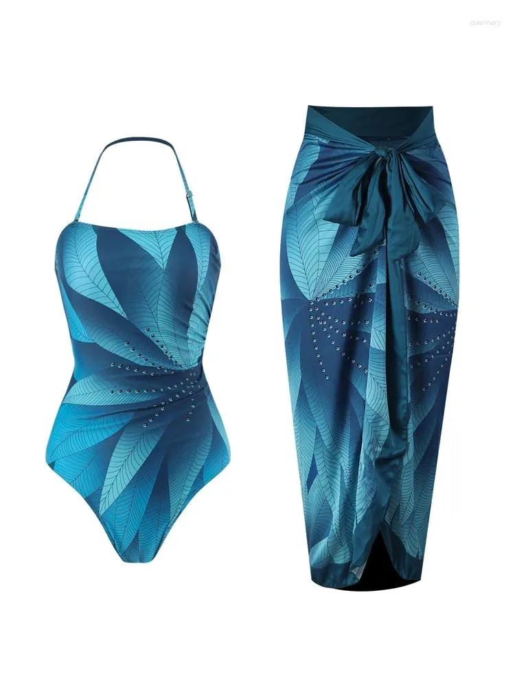 Frauen Badebekleidung elegant blaublatt gedruckt ein Stück Badeanzug Frau 2024 Mode hohe taillierte Hänge Hals Französisch bedeckte Bauchbikini