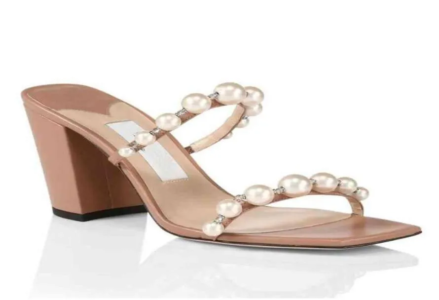 Luxur Design Amara Sandaler Nappa Leather Shoes for Women Pearl Embelling Strap Block Heels Mules Lady Walking Slip On 5857321