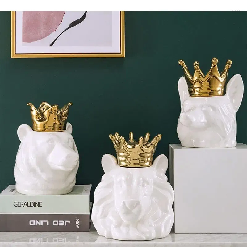 Bottiglie Wolf/Bear Animal Ceramic Storage barattoli con coperchio Decorazione per scrivania Golden Crown White in porcellana Candy Pots Nordic Home Decor moderno