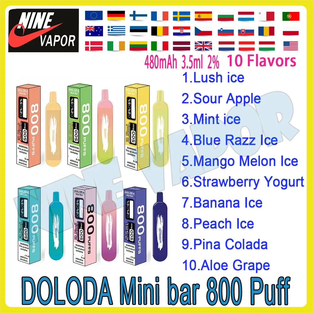 Autentisk Doloda Mini Bar 800 Puff Disposable Electronic Cigarette 3,5 ml POD 480mAh Batteri 2% Nivå Vape Pen 10 Flavors Puff Plus 800