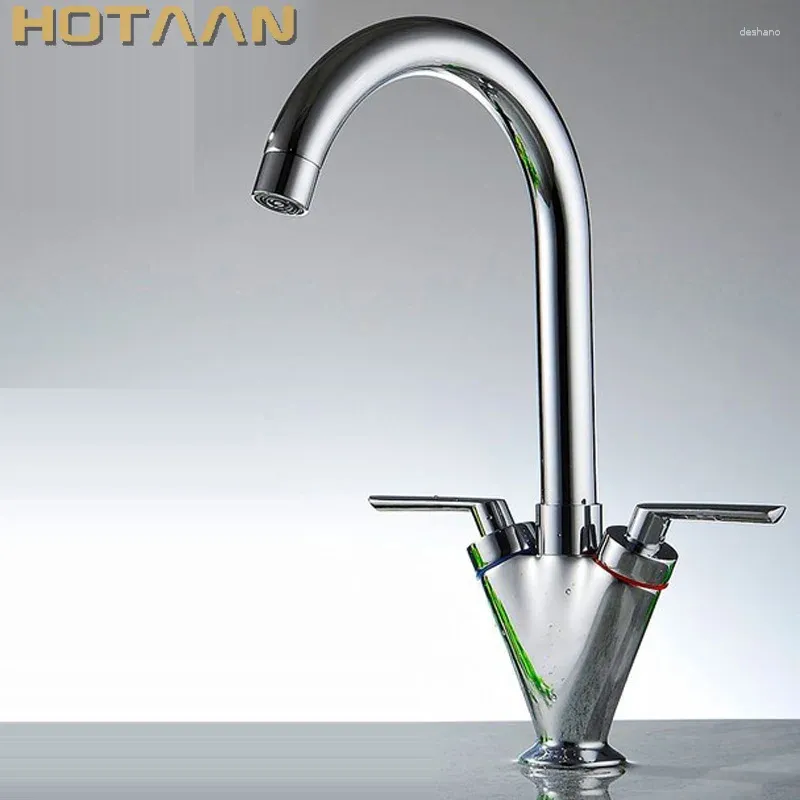 Kitchen Faucets Brass Quality ! Double Handle Sink Tap Mixer Round Swivel Torneira YT-6041