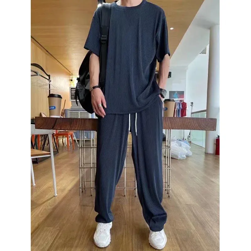 Summer Mens Korean Fashion Loose Silk Tracksuits Elastic Breathable Comfortable Thin Ruffled Tshirt Pants Two Piece Set Suit 240422
