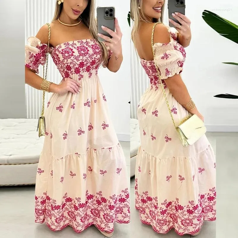 Party Dresses Elegant Off Shoulder Strapless Pleated Long Dress Women Fashion Flower Print Bohemian Casual Short Sleeve Maxi