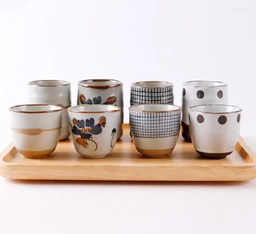 Tea koppar japansk stil keramisk soppkopp grov keramik handmålade gittermönster tekoppar kreativa retro vinkontor dricker