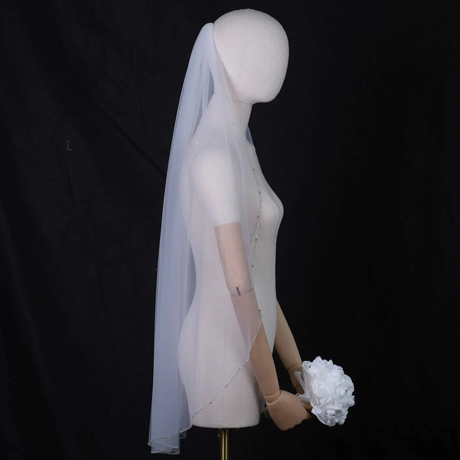 Haarschmuck Brautschleier Kristallperlen 1-stufig Hochzeitsschleier Strass Perlenbesatz Weicher Tüll mit Kamm Kathedrale_voghion.com