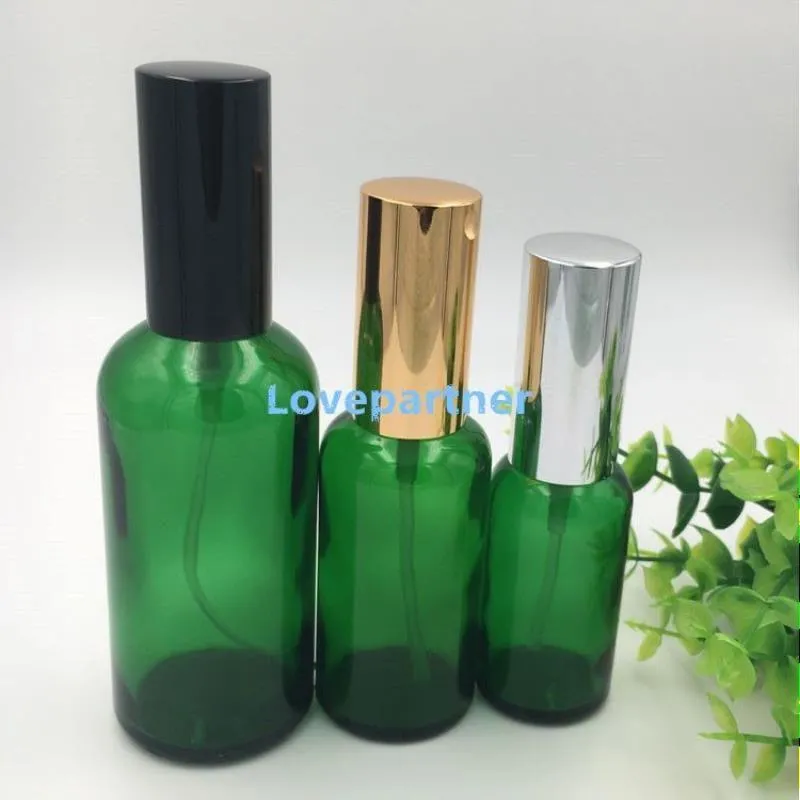 زجاجات رذاذ الزجاج الأخضر القابل لإعادة الملء 20 مل 30 مل 50 مل 100 مل مع بخاخ الألومنيوم nnimo salgv