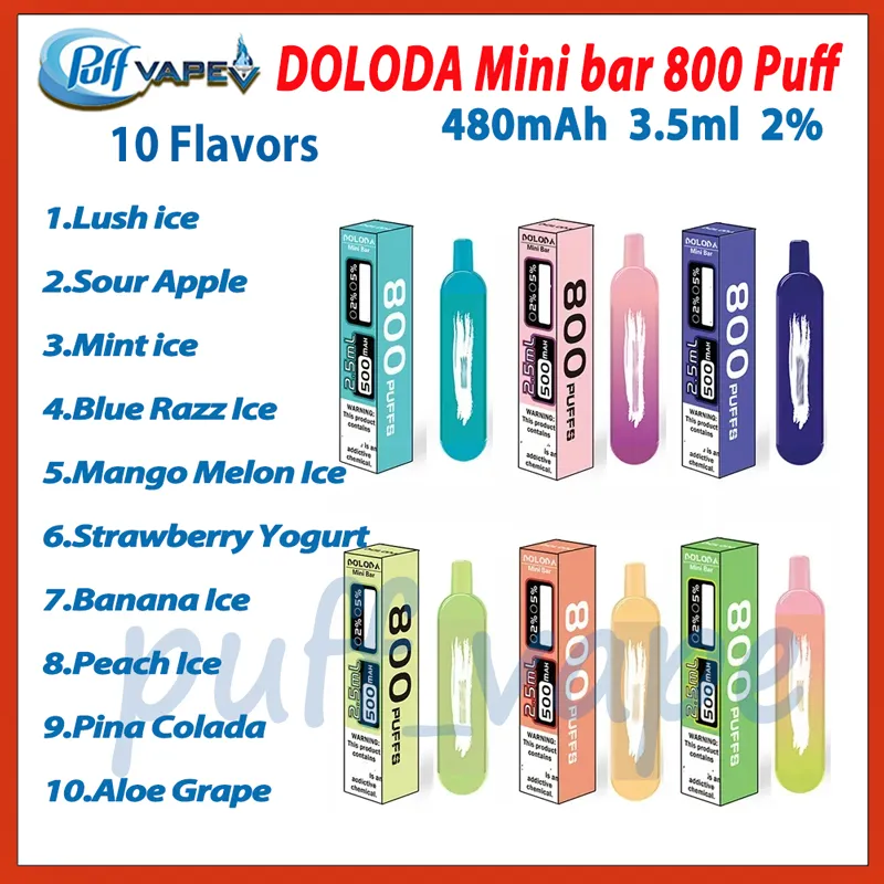 Original Doloda Mini Bar 800 Puff Disposable E Cigaretter 1.2Ohm Mesh Coil 3,5 ml POD 480mAh Battery Electronic Cigs 10 Flavors 2% Level Puffs 800 Vape Pen Kit