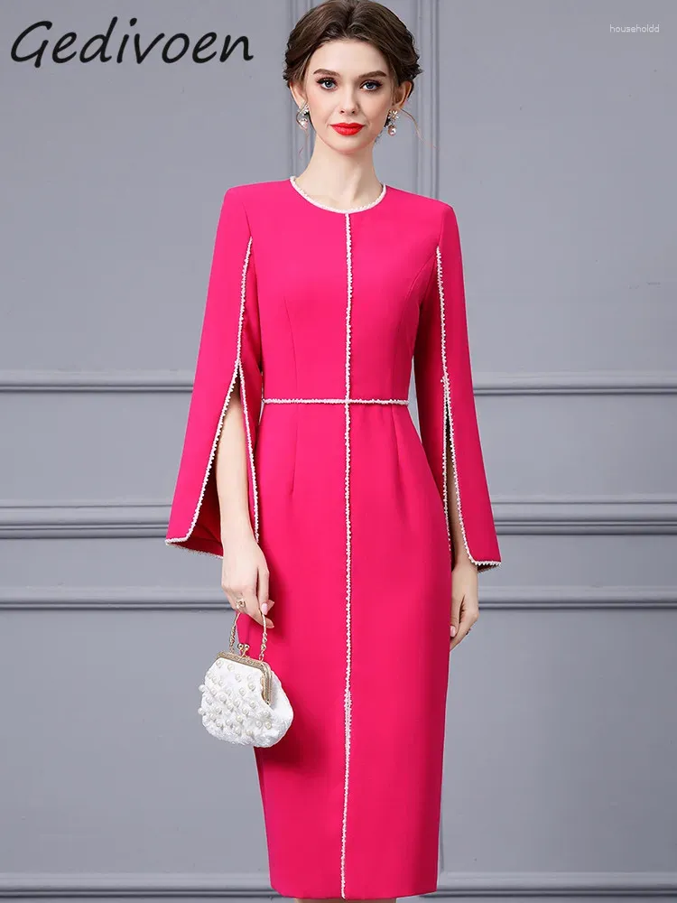 Casual Dresses Gedivoen Autumn Fashion Designer Rose Red Vintage Dress Women O Neck Slit Long Sleeve High Waist Package Buttock Slim