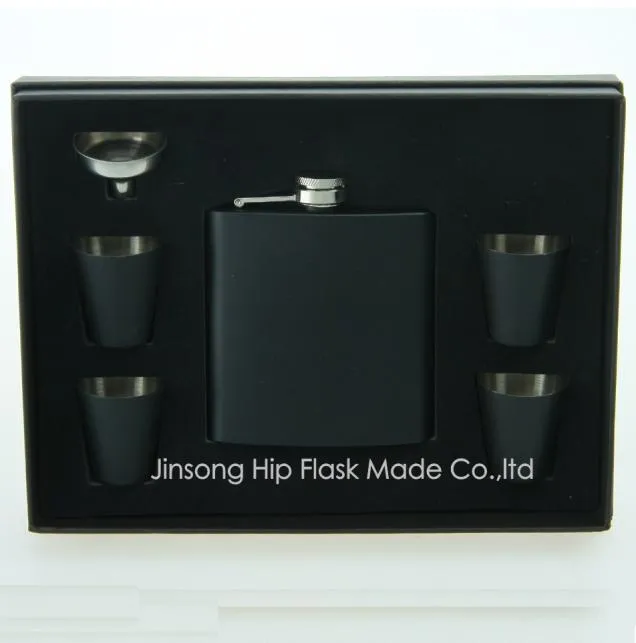 Flash noir de 6 oz avec 4 pcs 25 ml de verre et entonnoir en mousse intérieure et boîte-cadeau noir Votre logo personnalisé est également disponible6172465